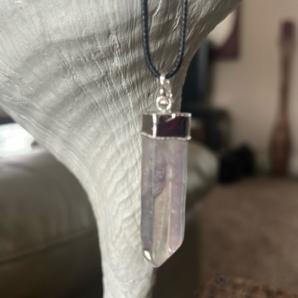 Clear Quartz Prism Pendant On Faux Leather Cord Necklace